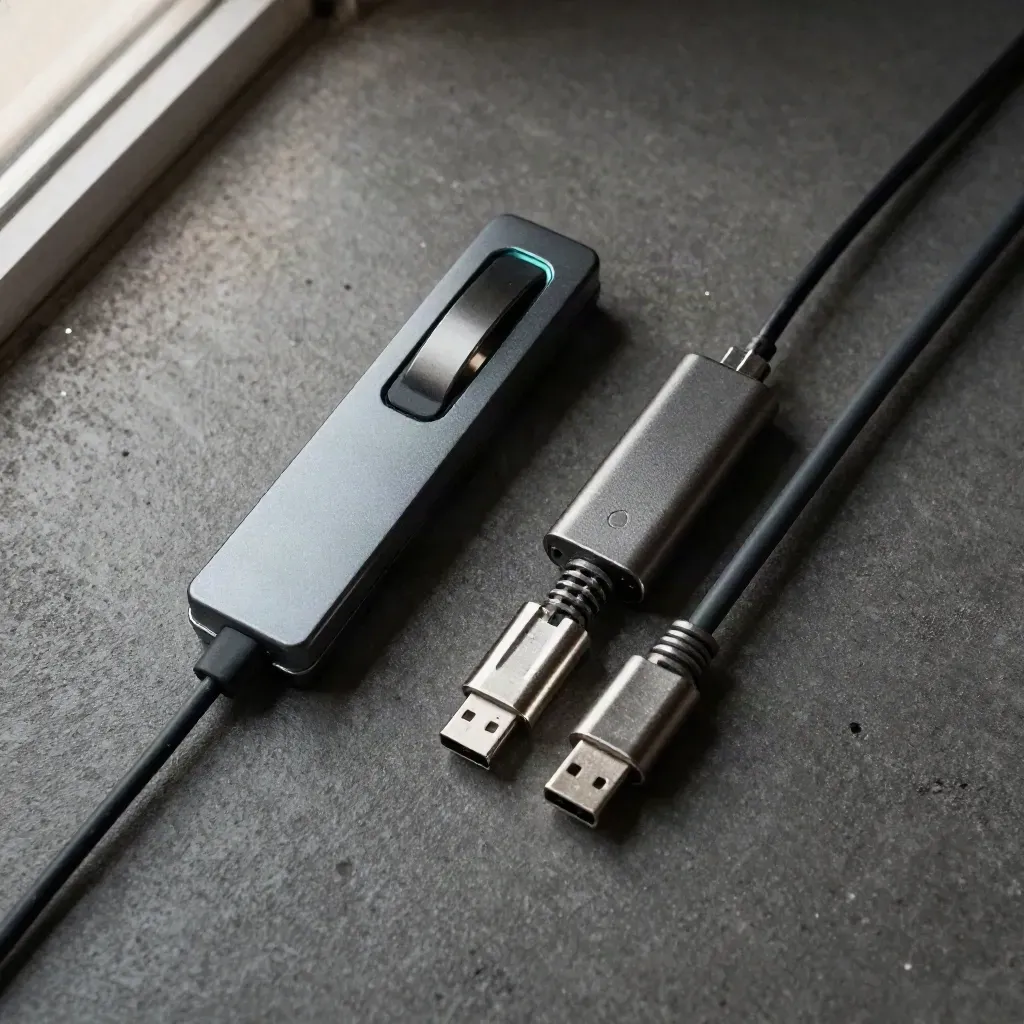 Zestaw szkoleniowy: pilot, odbiornik USB i metalowe końcówki kabli na ciemnym betonie.